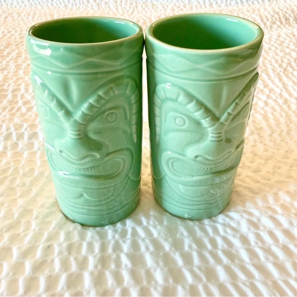 Bacardi Rum 2021 Mint Green Ceramic Tiki Mugs Totem Tumbler Set of 2